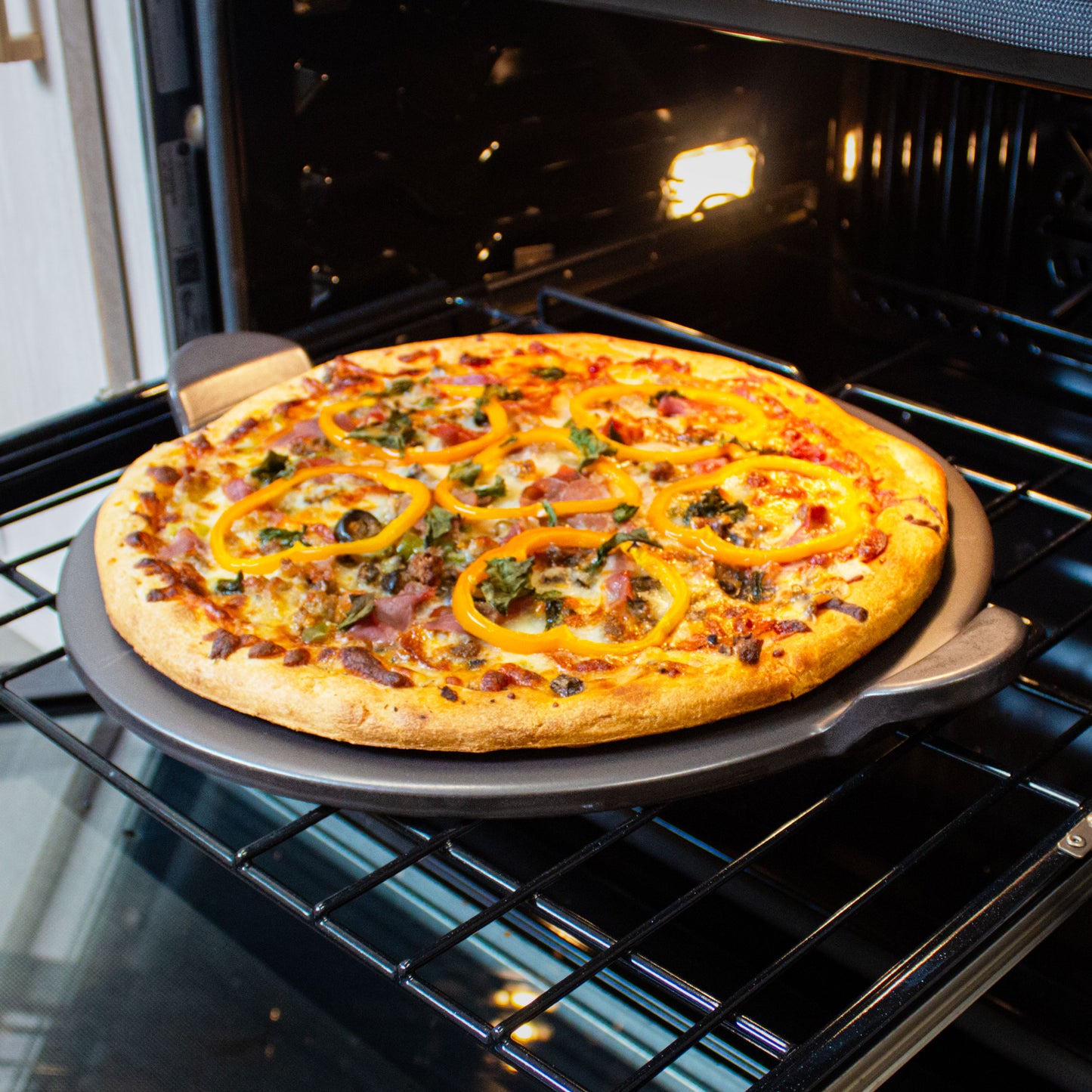 Glazed Round Pizza Stone with Handles, 13-Inch, Grey
