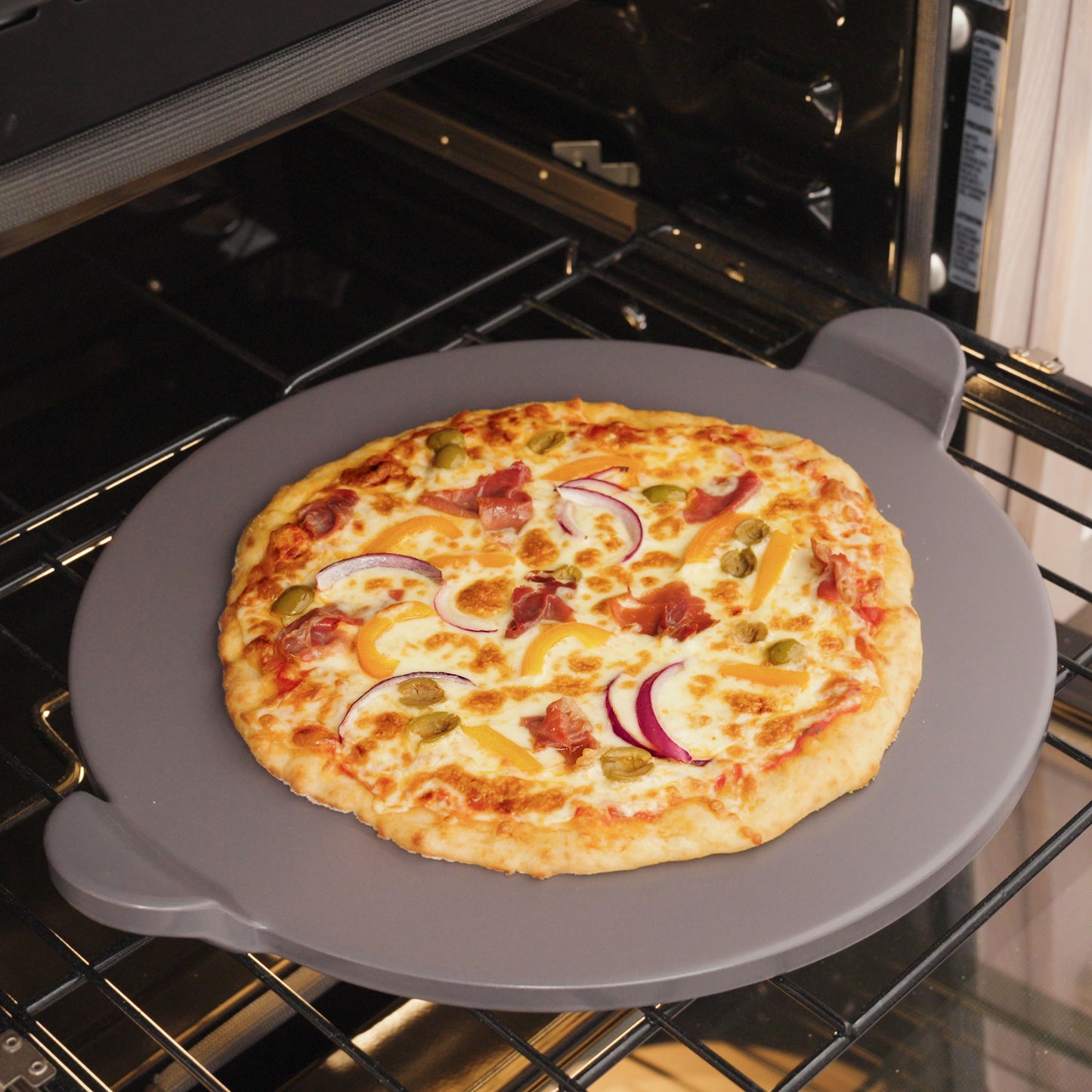 Glazed Round Pizza Stone with Handles, 13-Inch, Grey