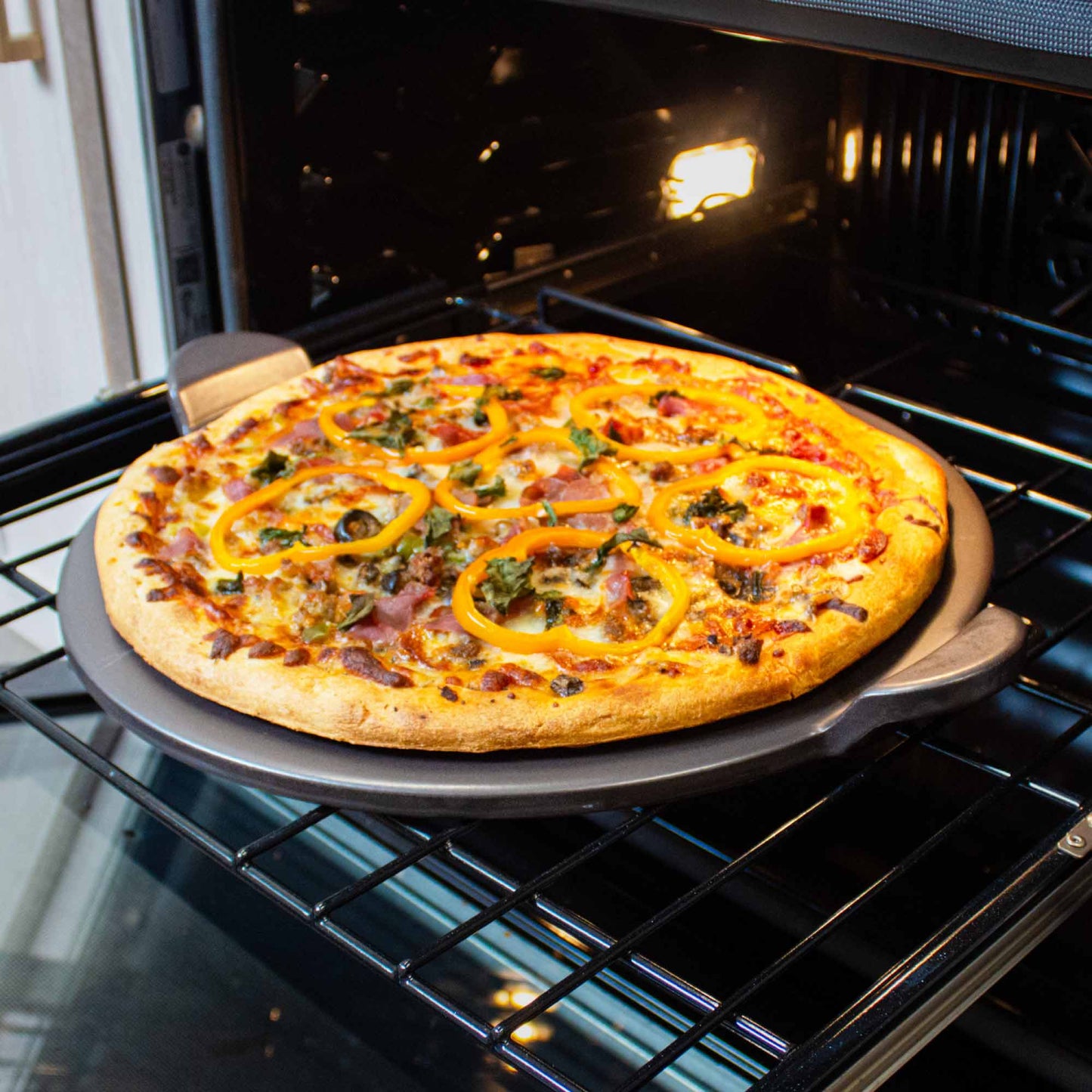 Glazed Round Pizza Stone with Handles, 15-Inch, Grey