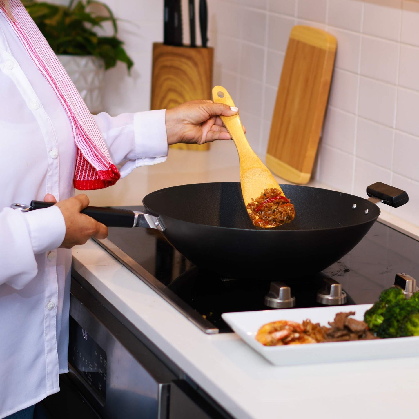 Professional Series 14-Inch Carbon Steel Ceramic Nonstick Flat Bottom Wok with Phenolic Handles
