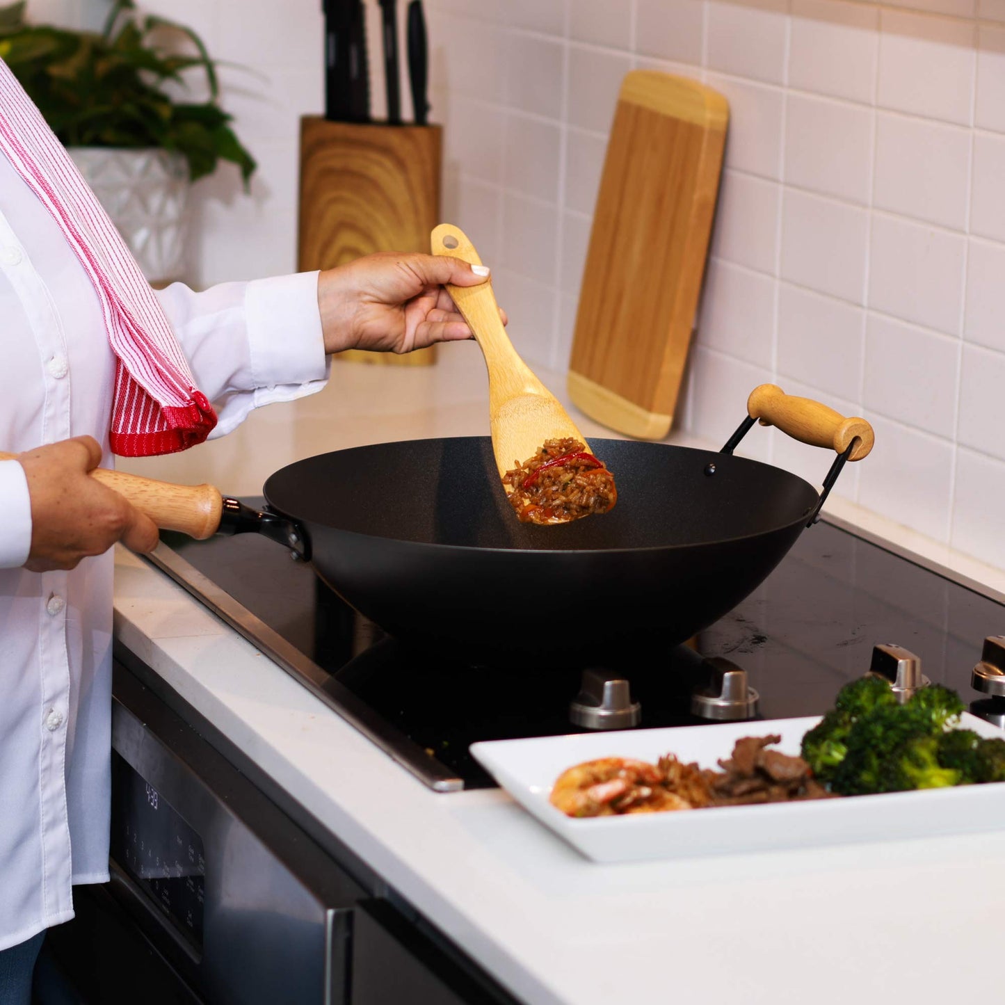 Professional Series 14-Inch Carbon Steel Ceramic Nonstick Flat Bottom Wok Set with Lid and Maple Handles, 10 Pieces