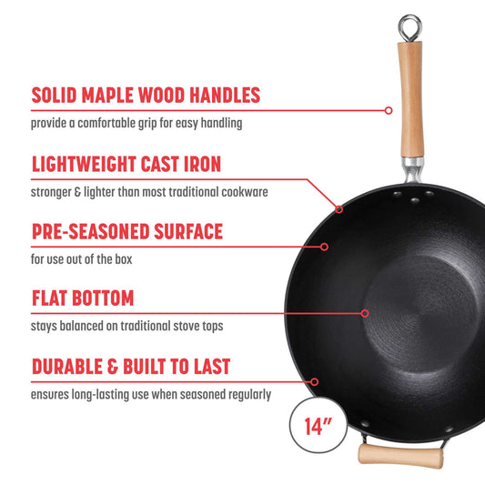 Professional Series 14-Inch Preseasoned Cast Iron Flat Bottom Wok with Maple Handle