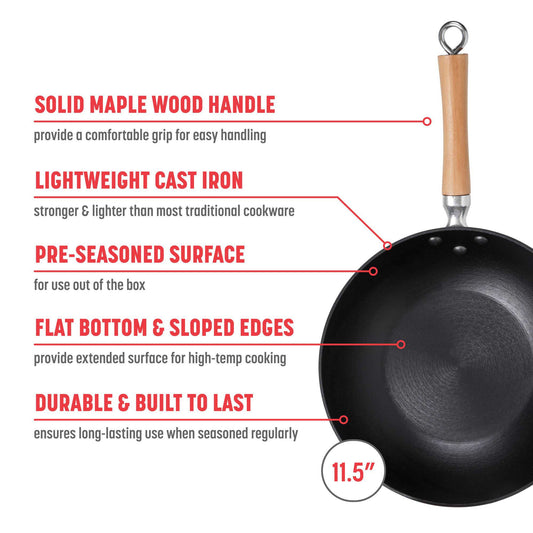Professional Series 11.5-Inch Preseasoned Cast Iron Stir Fry Pan with Maple Handle