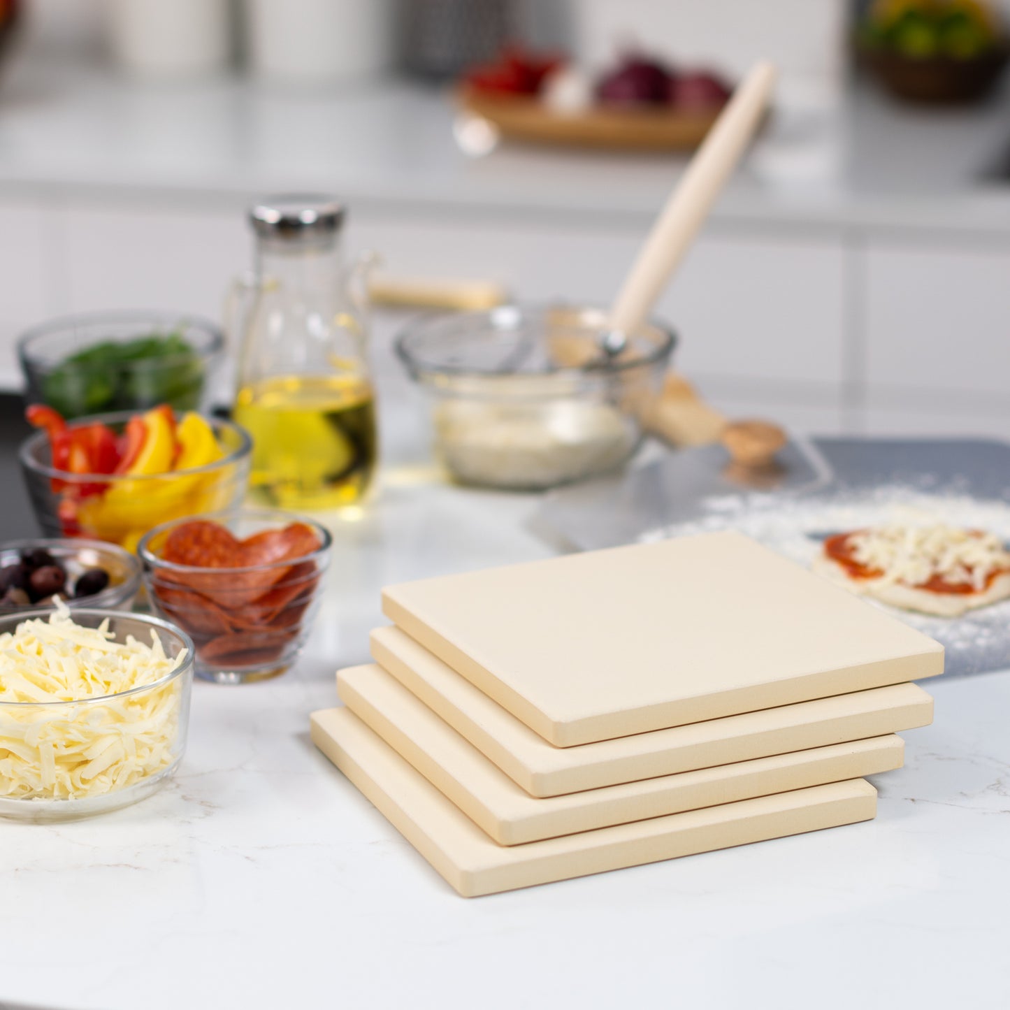 Cordierite Square Pizza Stone 4 Piece Set, 7.5x7.5-Inch, Beige