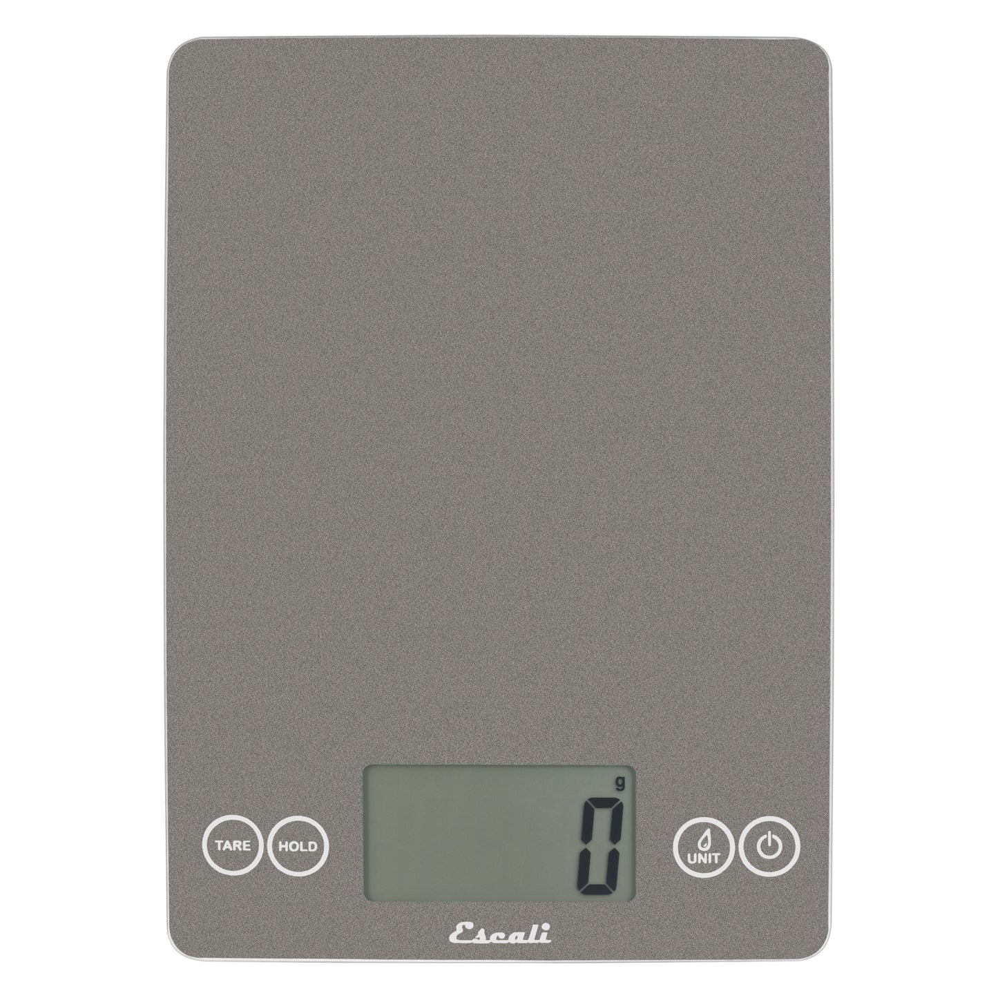 A photo of a grey storm color ARTI Digital Kitchen Scale on a white background.