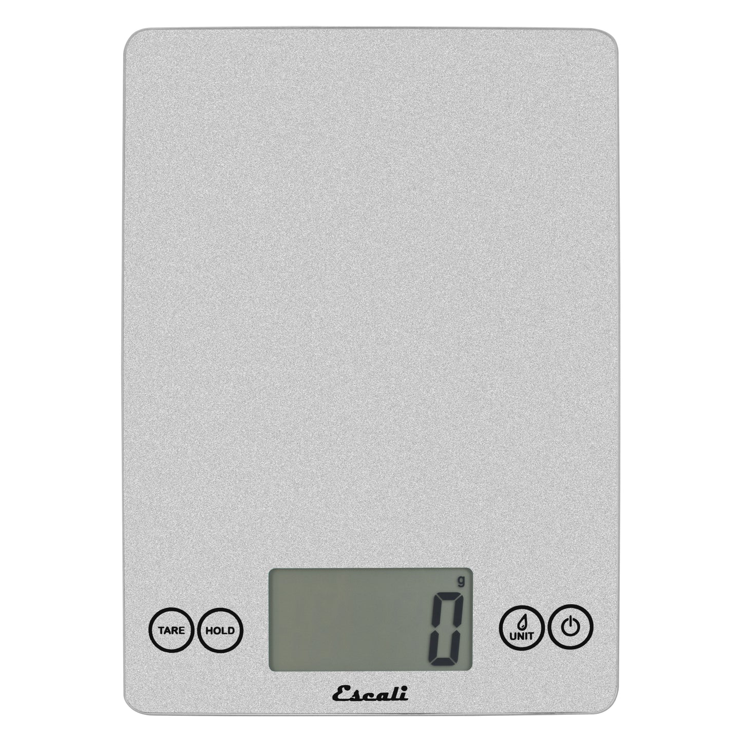 A photo of a shiny silver color ARTI Digital Kitchen Scale on a white background.