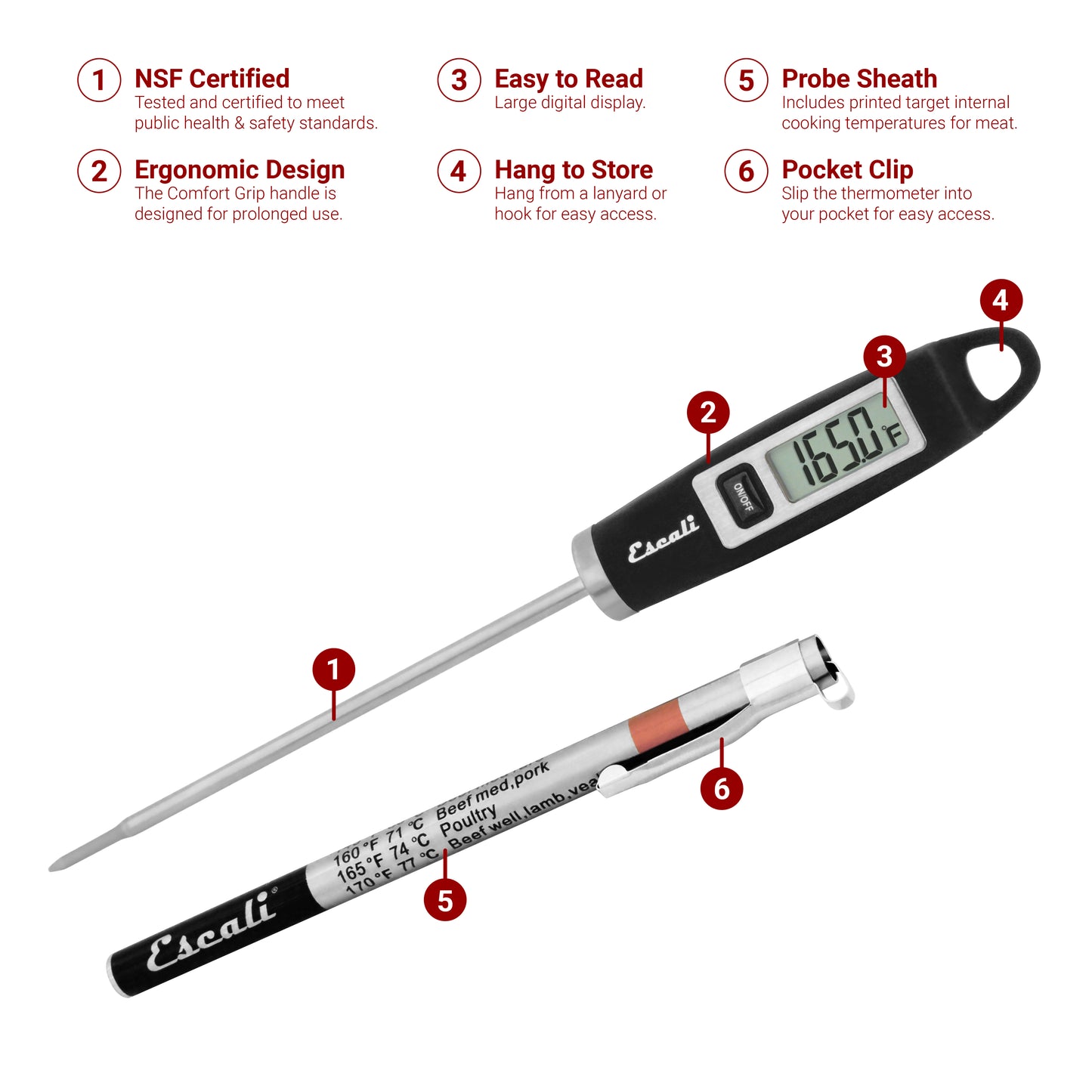 A photo of a black DH1 Gourmet Digital Thermometer on a white background listing its features, including: NSF Certification, ergonomic design, easy to read display, a hanging loop, a probe sheath with printed internal cooking temps of meat, and a handy pocket clip.