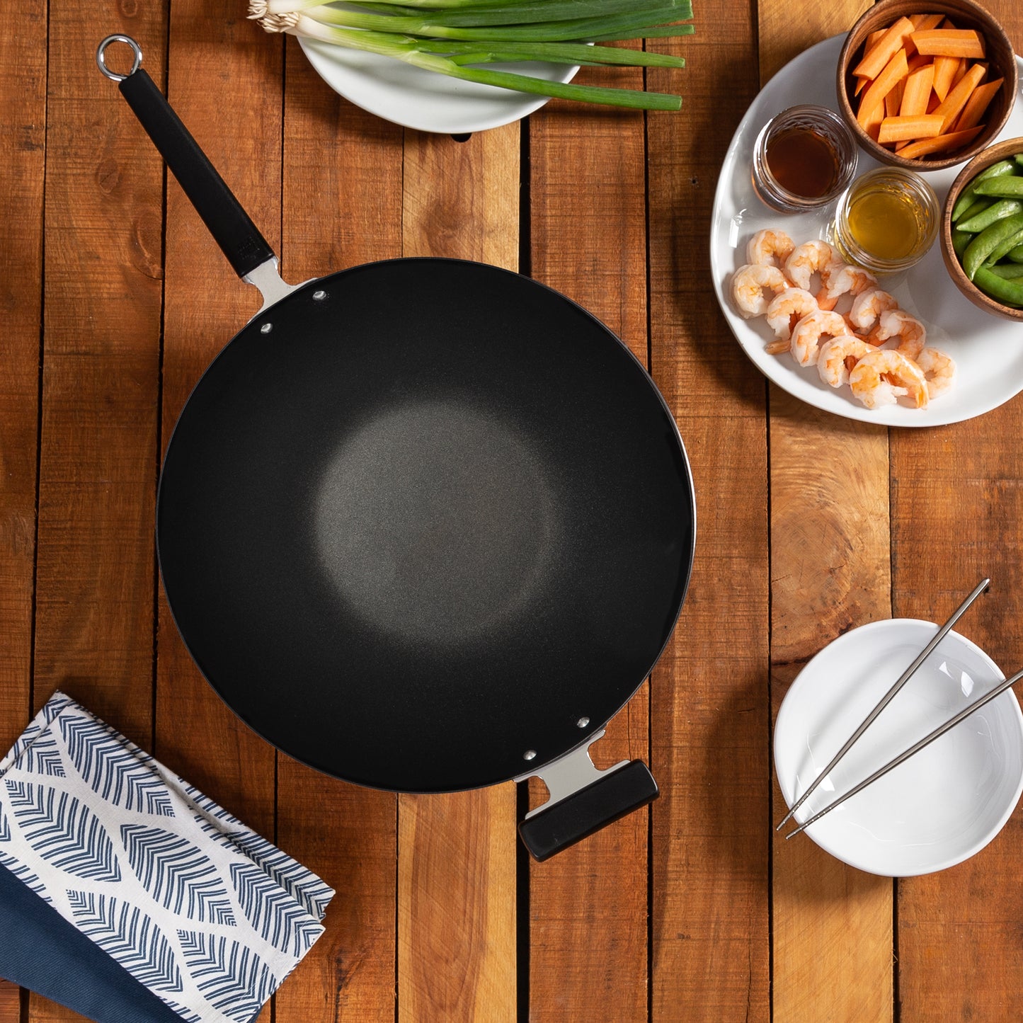 Professional Series 14-Inch Carbon Steel Ceramic Nonstick Flat Bottom Wok with Phenolic Handles