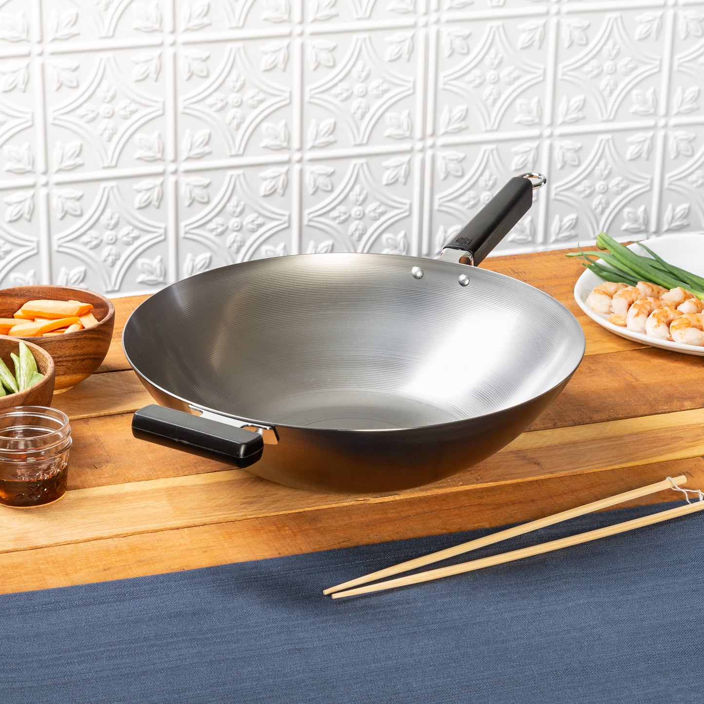 Professional Series 14-Inch Carbon Steel Flat Bottom Wok with Phenolic Handles