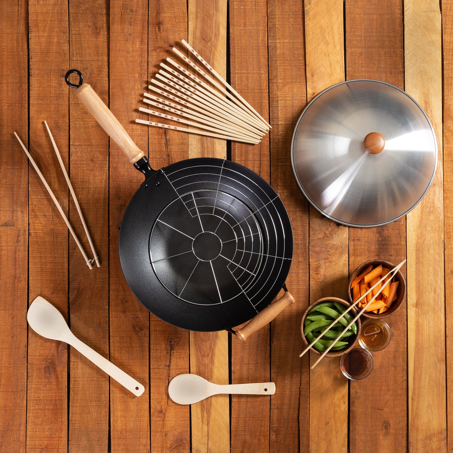 Professional Series 14-Inch Carbon Steel Ceramic Nonstick Flat Bottom Wok Set with Lid and Maple Handles, 10 Pieces