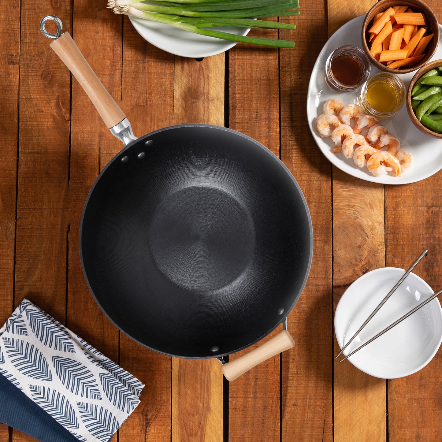 Professional Series 14-Inch Preseasoned Cast Iron Flat Bottom Wok with Maple Handle