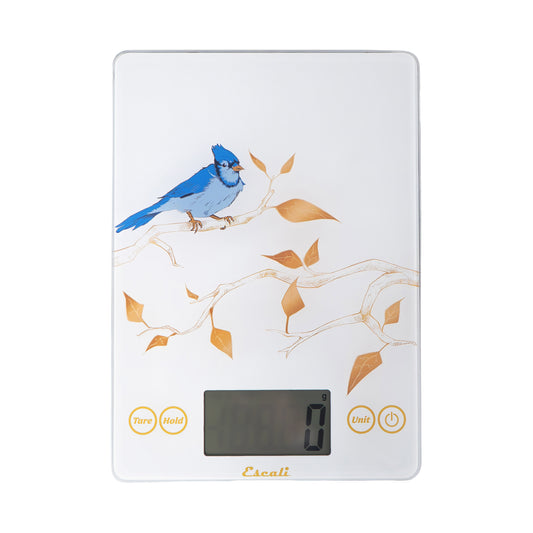 Digital kitchen scale with a blue bird design on a white background.