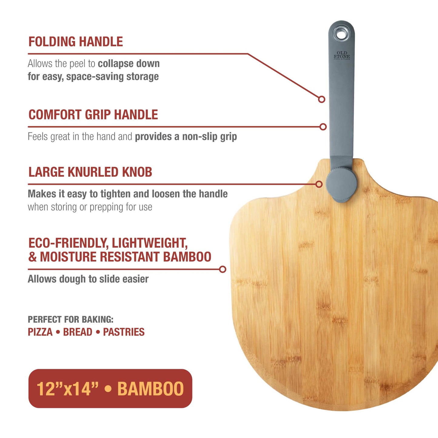 Bamboo Pizza Peel with Folding Handle, 12x14-Inch