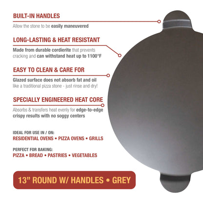 Glazed Round Pizza Stone with Handles, 13-Inch, Grey