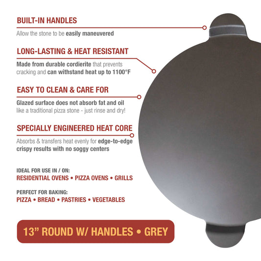 Glazed Round Pizza Stone with Handles, 13-Inch, Grey