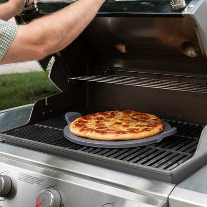 Glazed Round Pizza Stone with Handles, 13-Inch, Grey