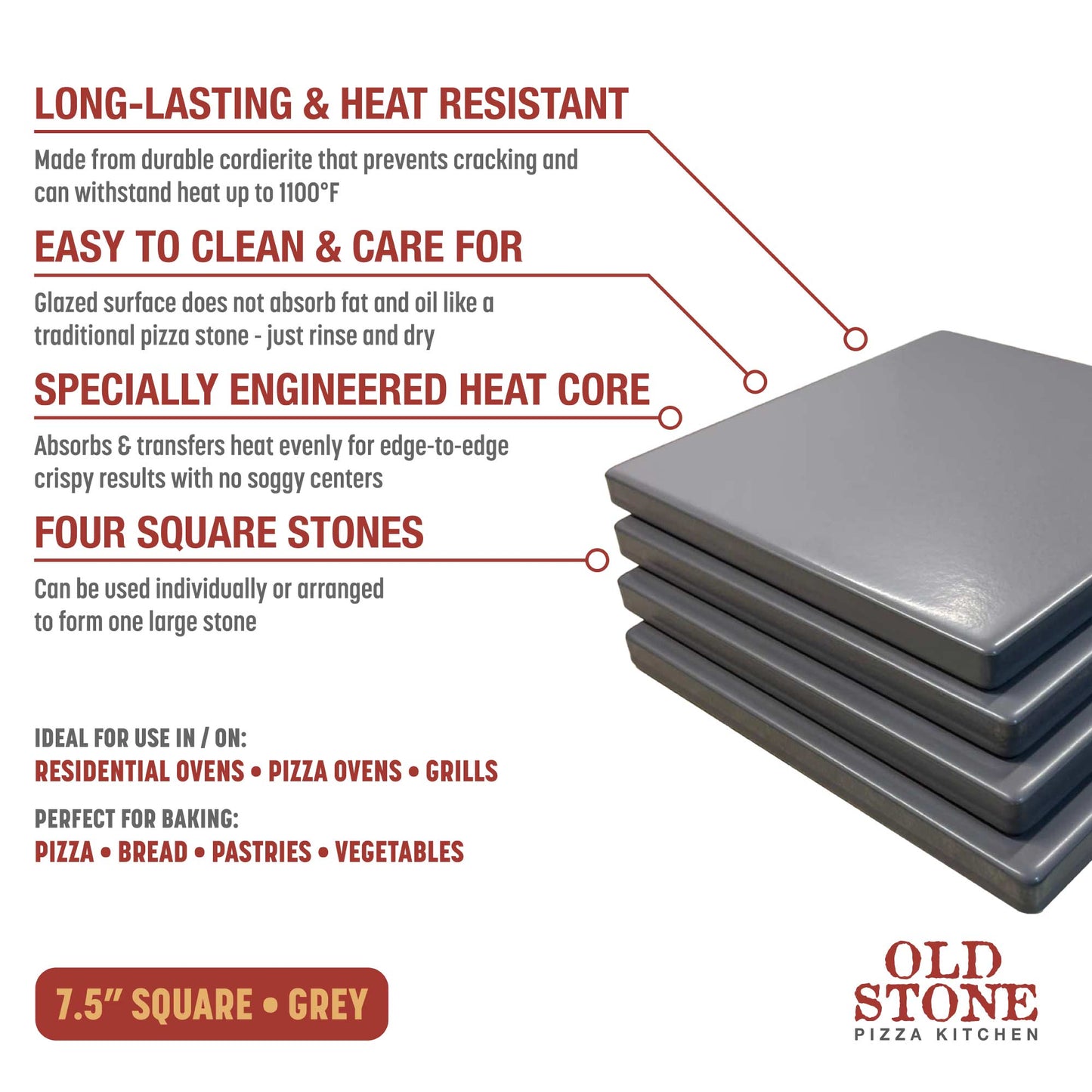Glazed Cordierite Square Pizza Stone 4 Piece Set, 7.5x7.5-Inch, Grey