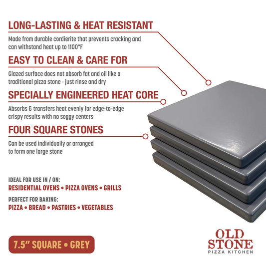 Glazed Cordierite Square Pizza Stone 4 Piece Set, 7.5x7.5-Inch, Grey