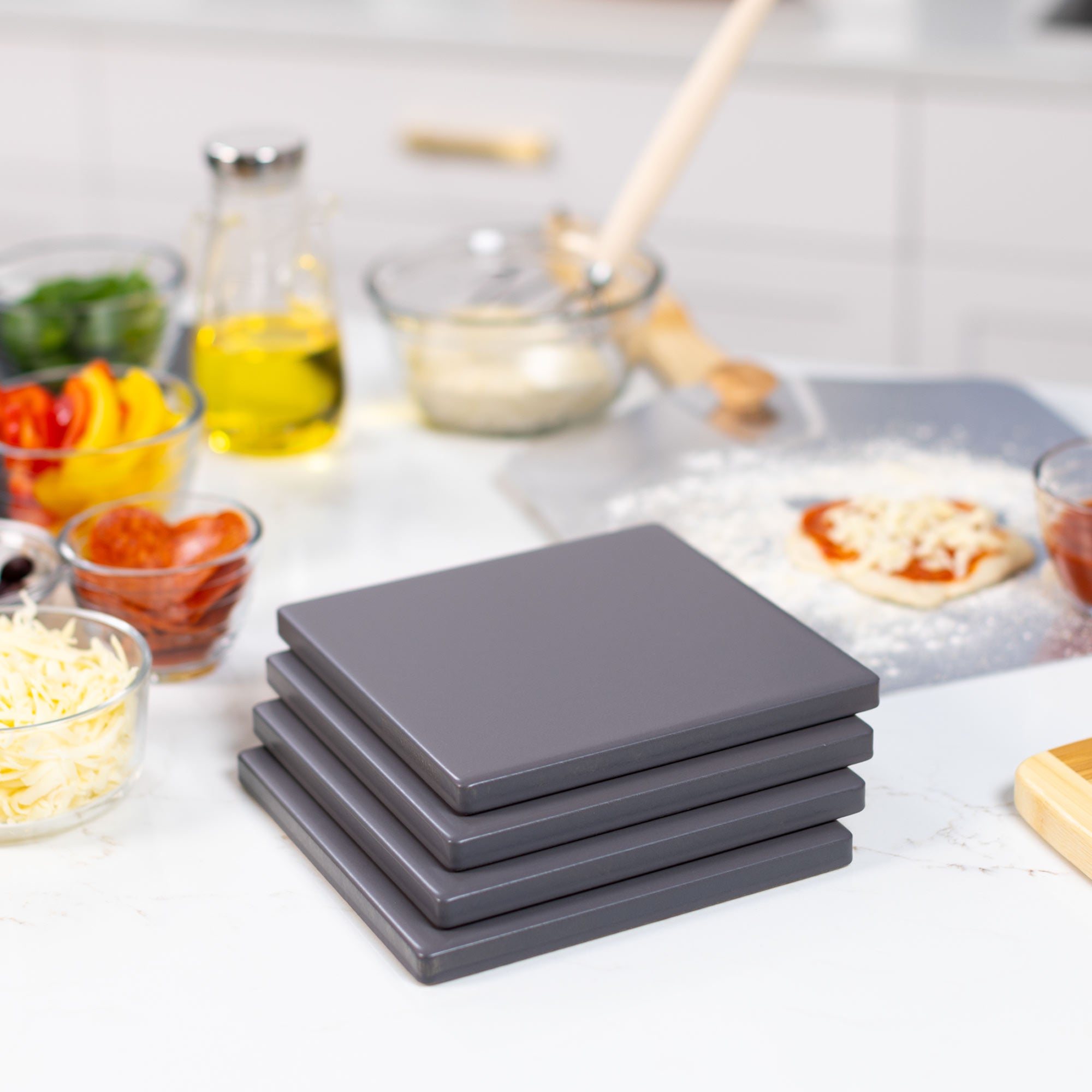 Glazed Cordierite Square Pizza Stone 4 Piece Set, 7.5x7.5-Inch
