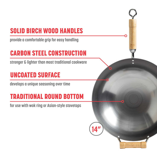 Classic Series 14-Inch Round Bottom Carbon Steel Wok with Birch Handles
