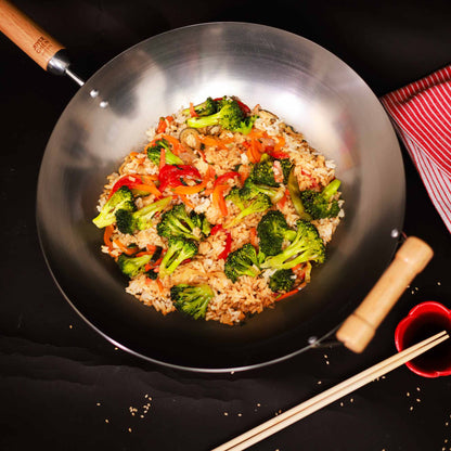 Classic Series 14-Inch Round Bottom Carbon Steel Wok with Birch Handles