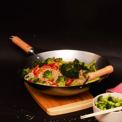 Classic Series 14-Inch Round Bottom Carbon Steel Wok with Birch Handles