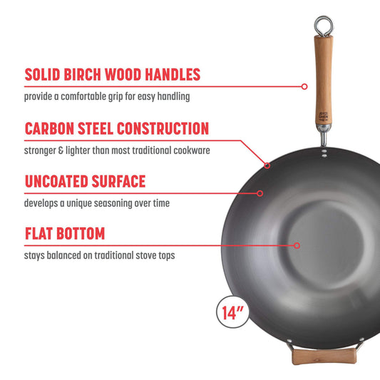 Classic Series 14-Inch Carbon Steel Flat Bottom Wok with Birch Handles