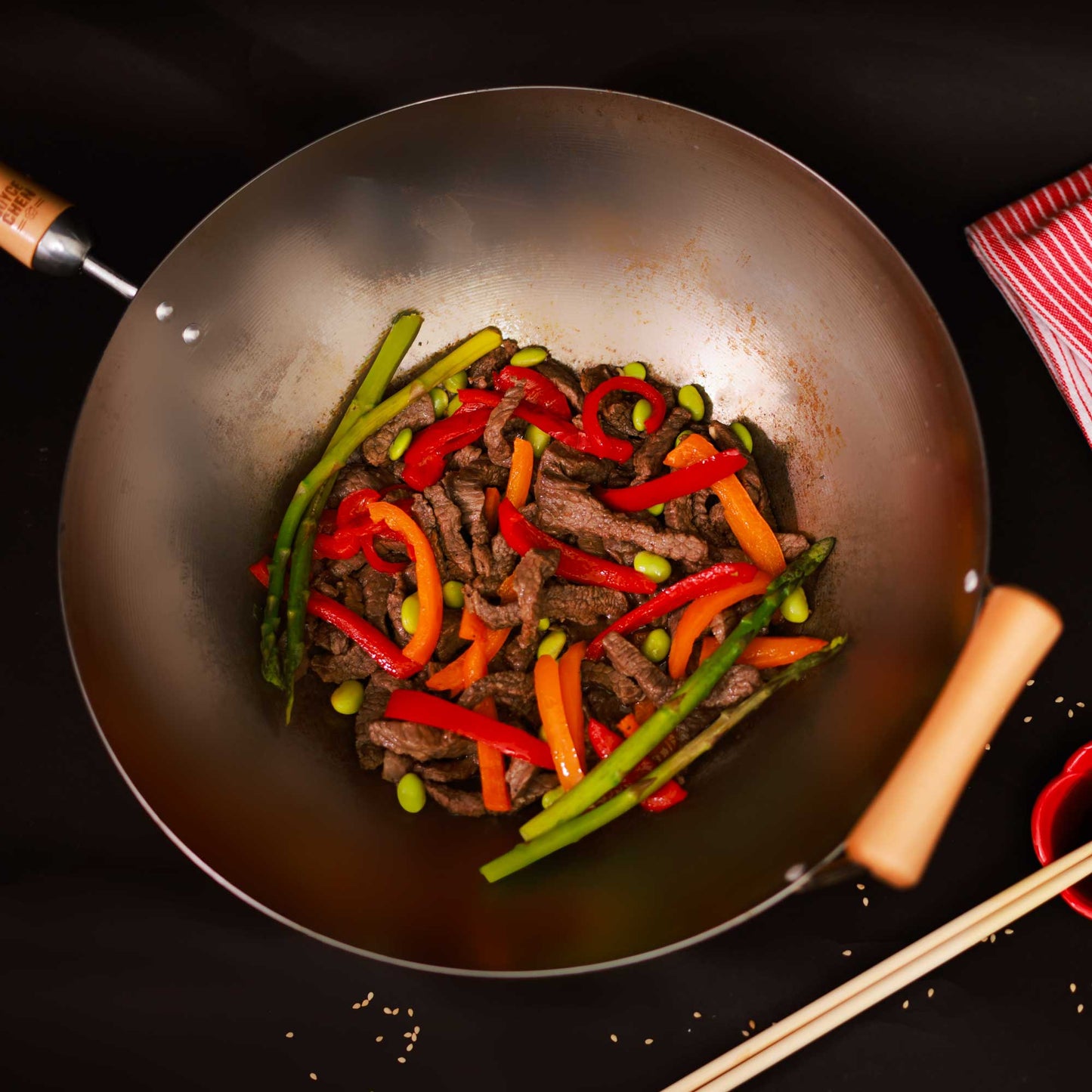 Classic Series 14-Inch Carbon Steel Flat Bottom Wok with Birch Handles