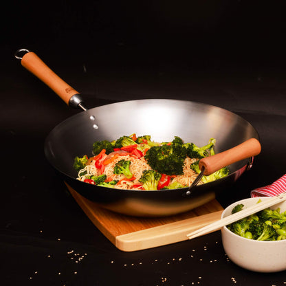 Classic Series 14-Inch Carbon Steel Flat Bottom Wok with Birch Handles