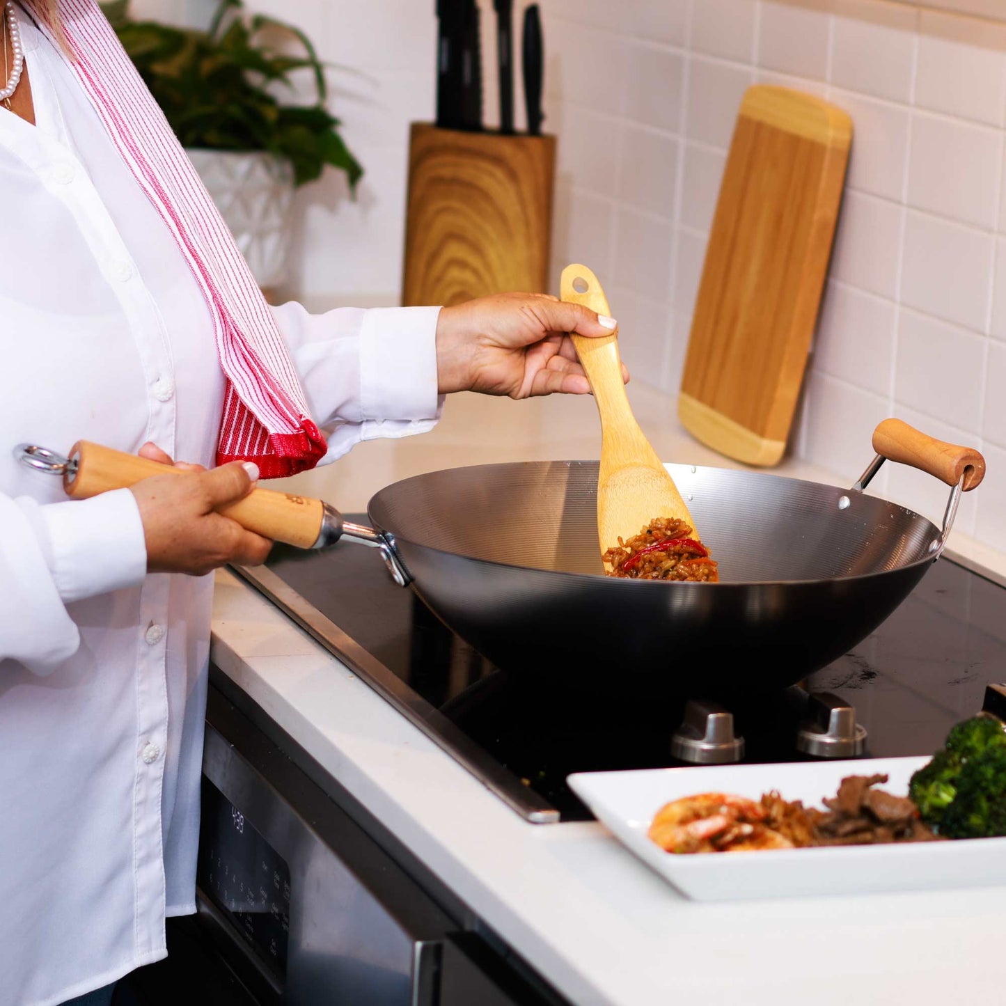 Classic Series 14-Inch Carbon Steel Flat Bottom Wok with Birch Handles