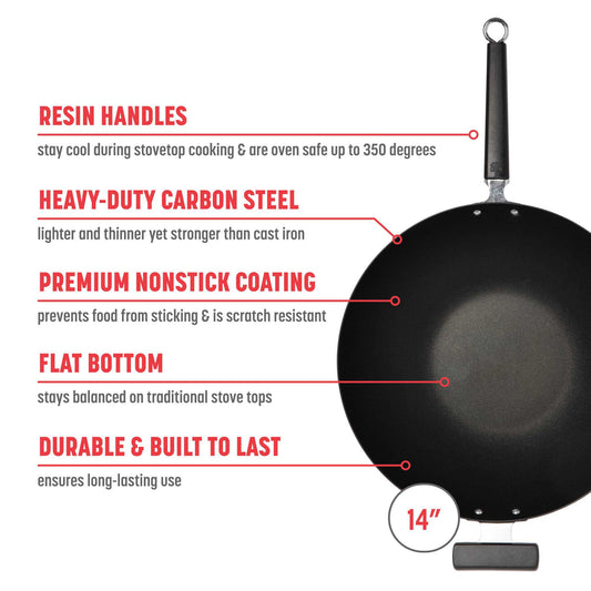 Professional Series 14-Inch Carbon Steel Ceramic Nonstick Flat Bottom Wok with Phenolic Handles