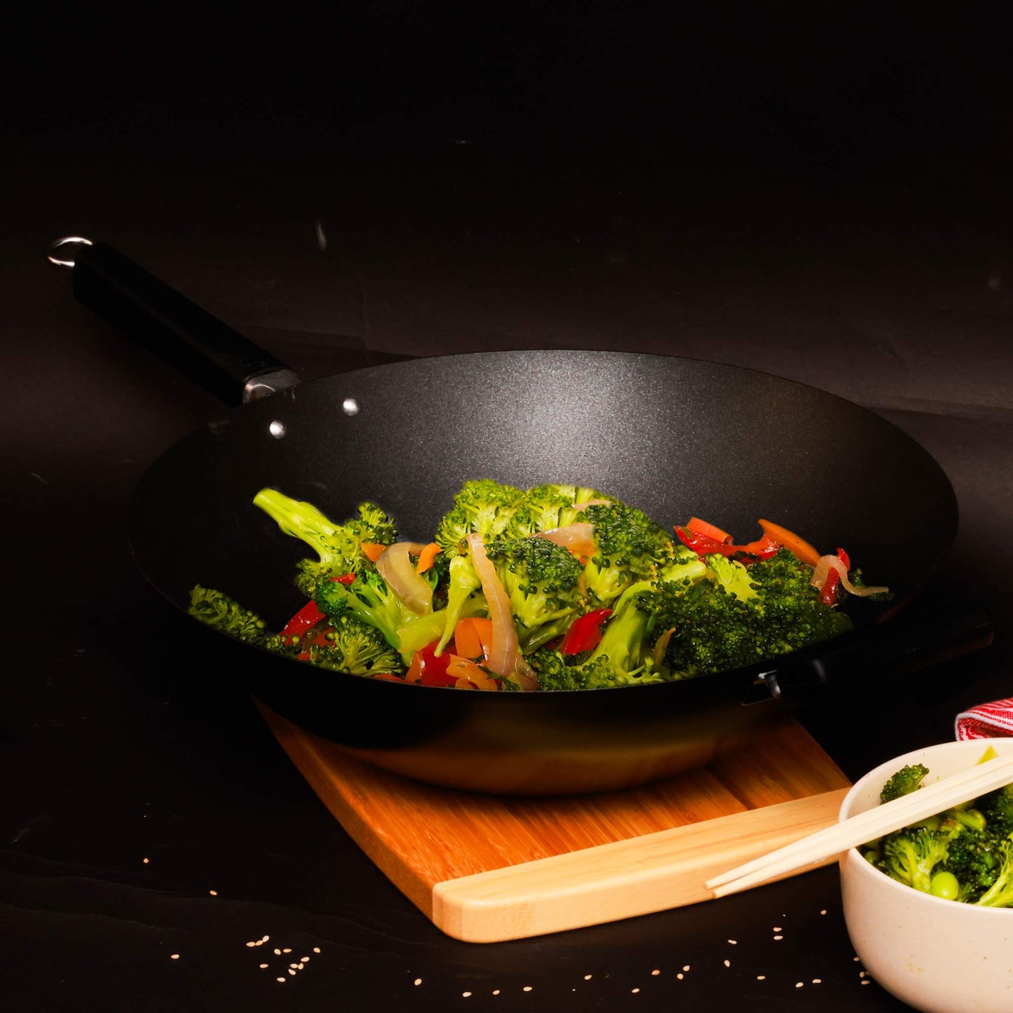 Professional Series 14-Inch Carbon Steel Ceramic Nonstick Flat Bottom Wok with Phenolic Handles