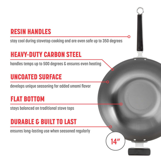 Professional Series 14-Inch Carbon Steel Flat Bottom Wok with Phenolic Handles