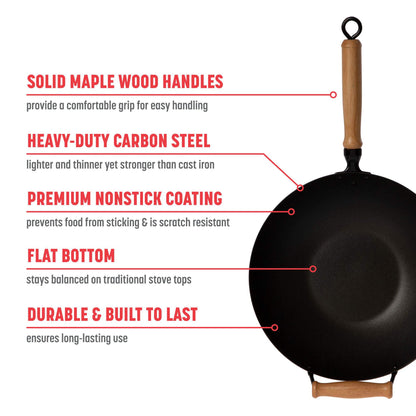 Professional Series 14-Inch Carbon Steel Ceramic Nonstick Flat Bottom Wok Set with Lid and Maple Handles, 10 Pieces