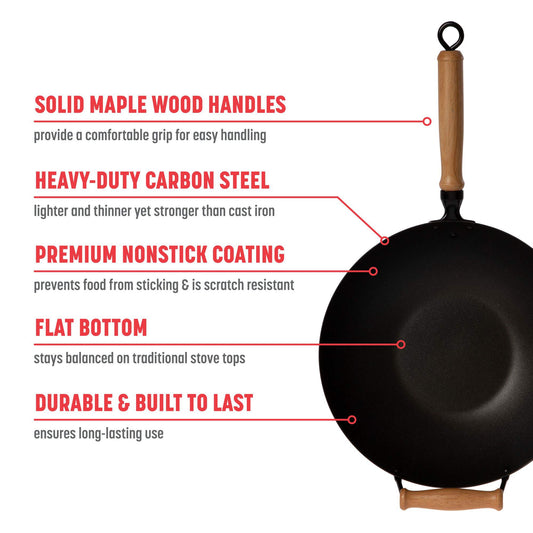 Professional Series 14-Inch Carbon Steel Ceramic Nonstick Flat Bottom Wok Set with Lid and Maple Handles, 10 Pieces