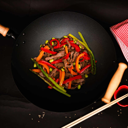 Professional Series 14-Inch Carbon Steel Ceramic Nonstick Flat Bottom Wok Set with Lid and Maple Handles, 10 Pieces