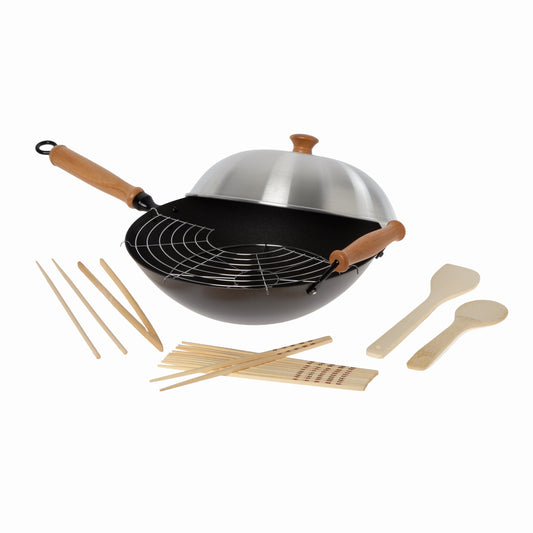 Professional Series 14-Inch Carbon Steel Ceramic Nonstick Flat Bottom Wok Set with Lid and Maple Handles, 10 Pieces