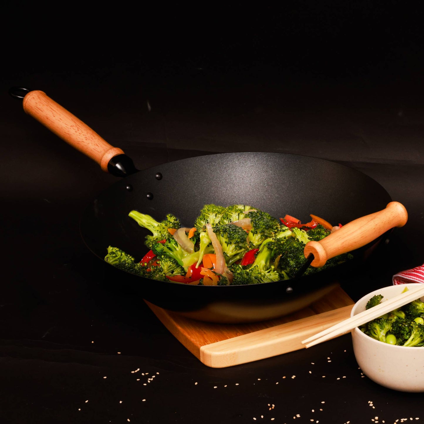 Professional Series 14-Inch Carbon Steel Ceramic Nonstick Flat Bottom Wok Set with Lid and Maple Handles, 10 Pieces