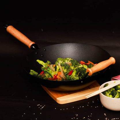 Professional Series 14-Inch Carbon Steel Ceramic Nonstick Flat Bottom Wok Set with Lid and Maple Handles, 10 Pieces