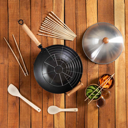 Professional Series 14-Inch Carbon Steel Ceramic Nonstick Flat Bottom Wok Set with Lid and Maple Handles, 10 Pieces
