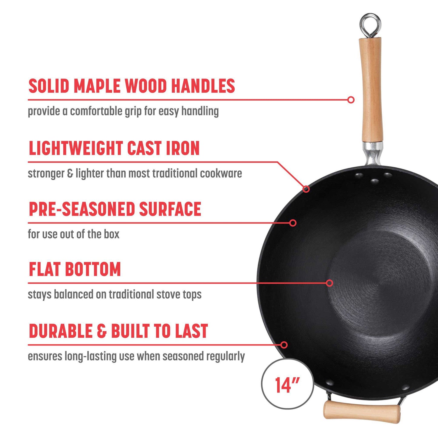 Professional Series 14-Inch Preseasoned Cast Iron Flat Bottom Wok with Maple Handle