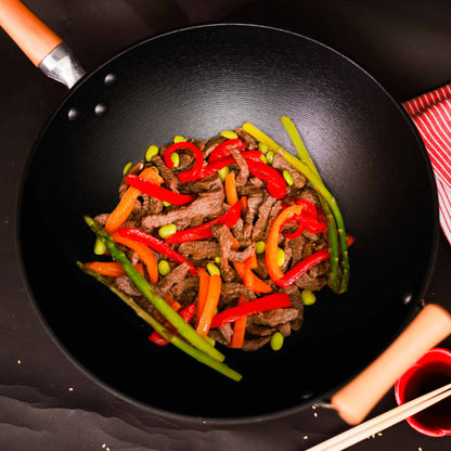 Professional Series 14-Inch Preseasoned Cast Iron Flat Bottom Wok with Maple Handle