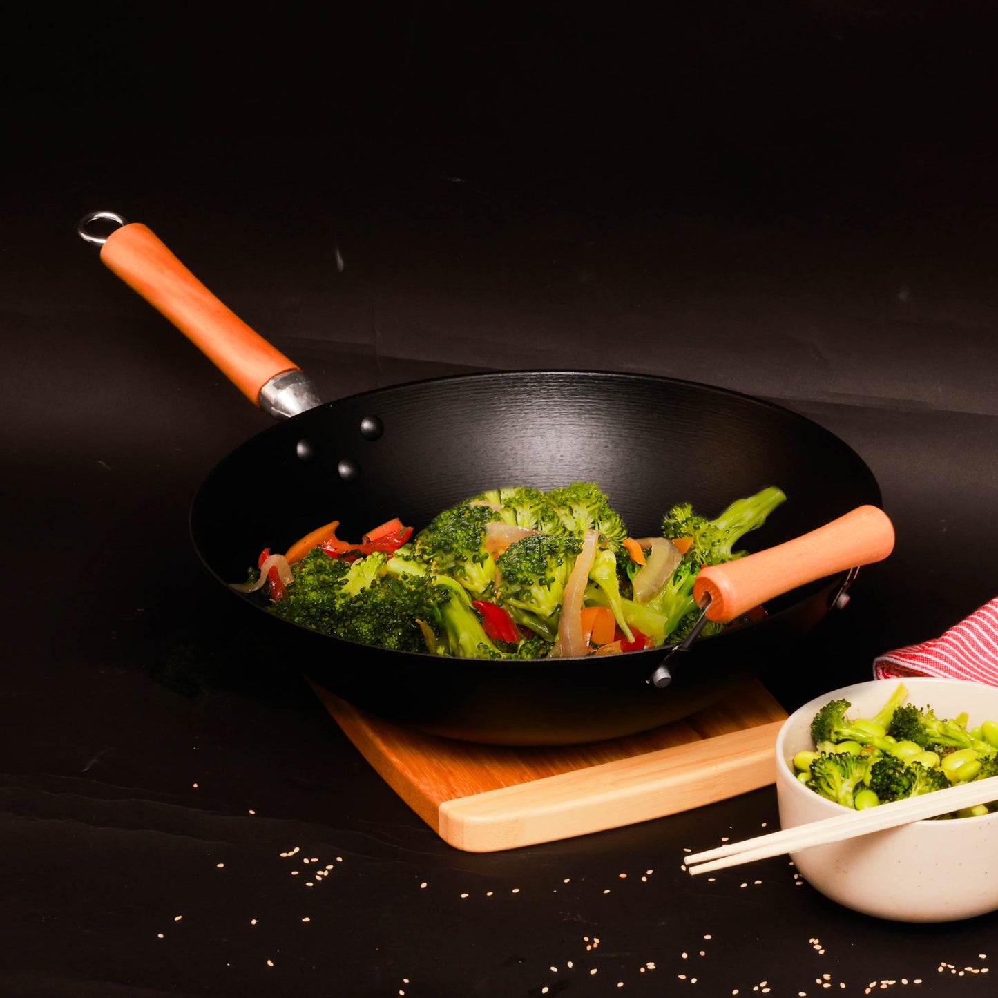 Professional Series 14-Inch Preseasoned Cast Iron Flat Bottom Wok with Maple Handle