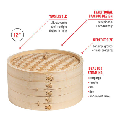 2-Tier Bamboo Steamer Baskets, 12-Inch