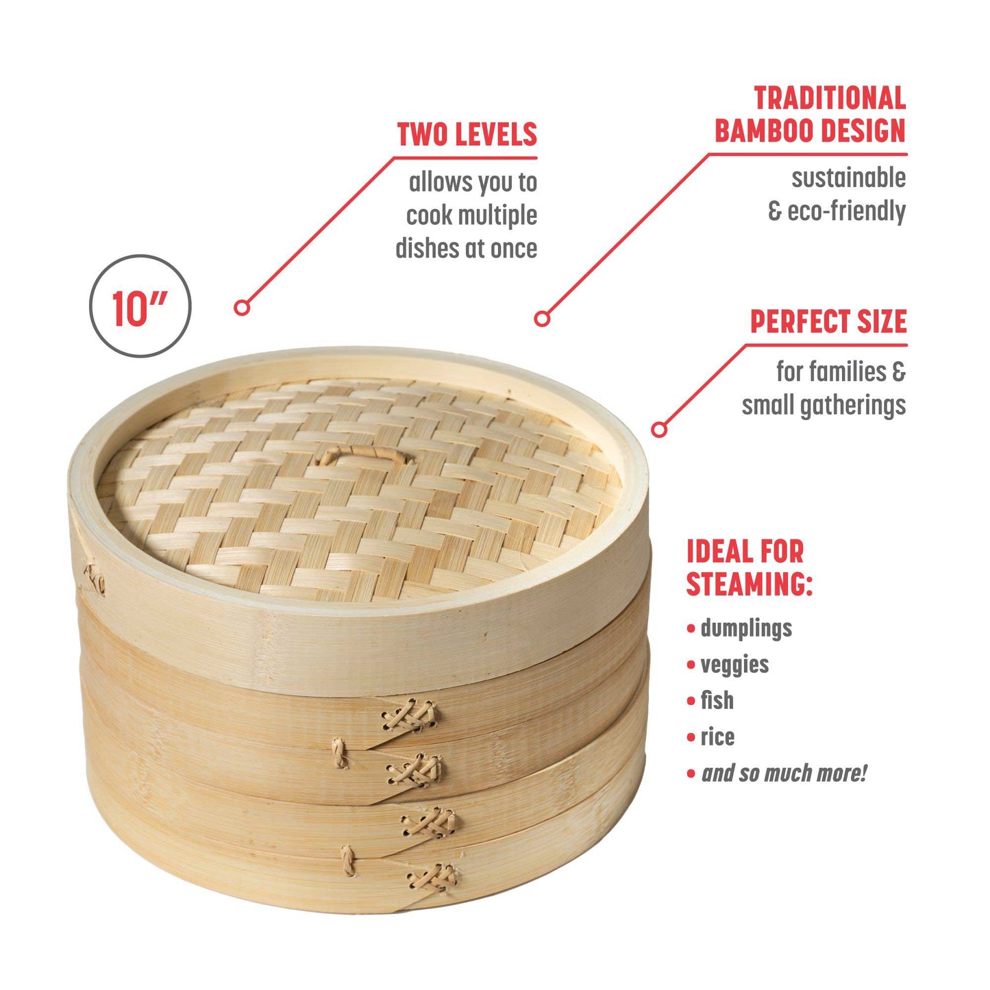 2-Tier Bamboo Steamer Baskets, 10-Inch