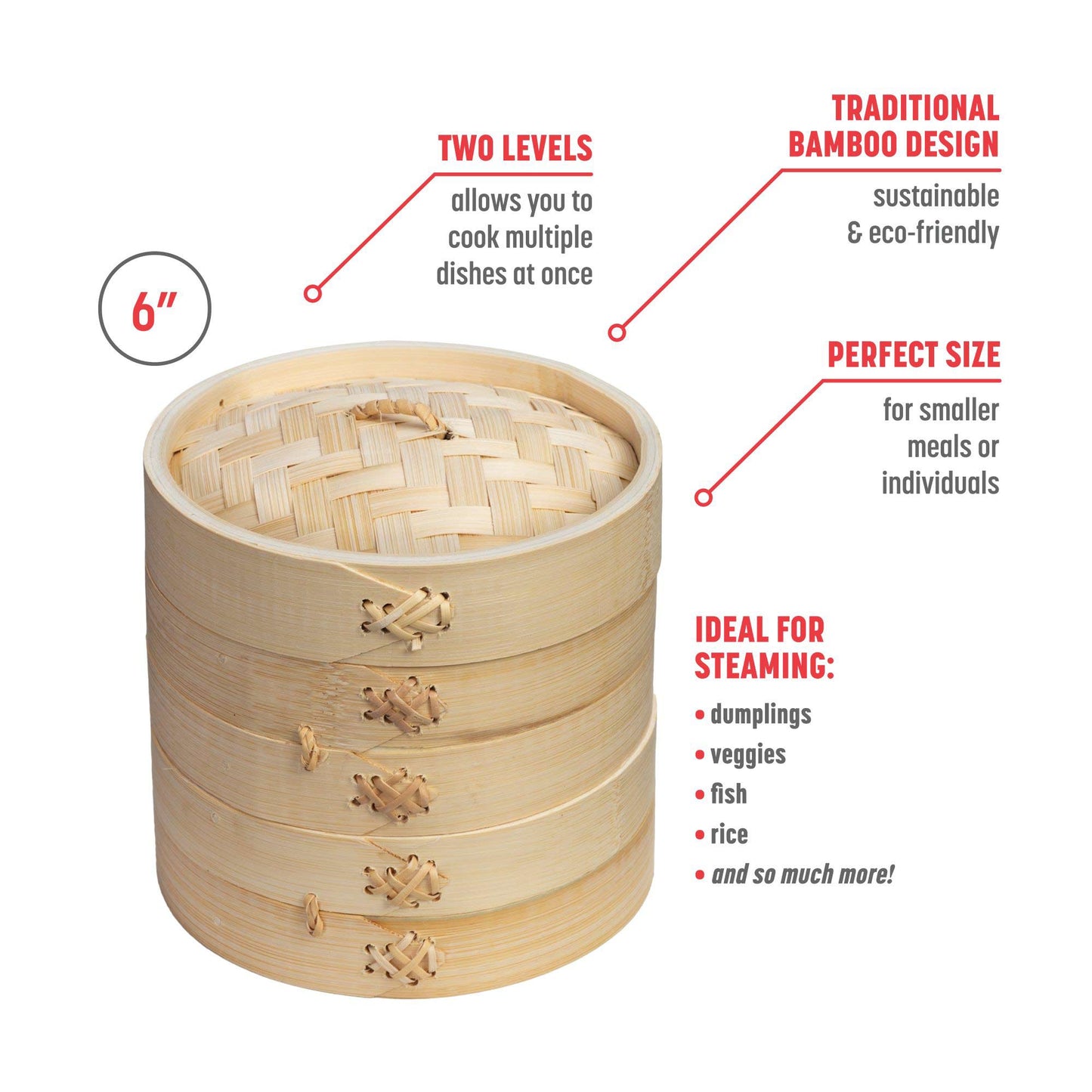 2-Tier Bamboo Steamer Baskets, 6-Inch