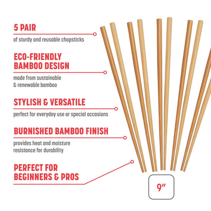 Reusable Burnished Bamboo Chopsticks Set, 5 Pair