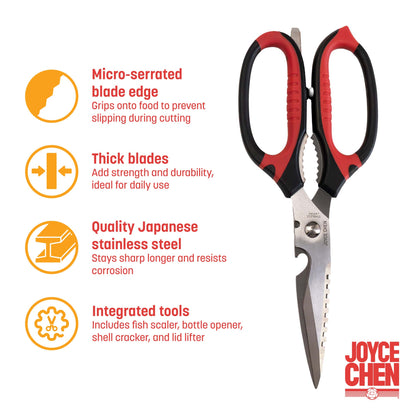 Joyce Chen Deluxe Multi-Use Kitchen Shears, 9" w/ Red & Black Handles