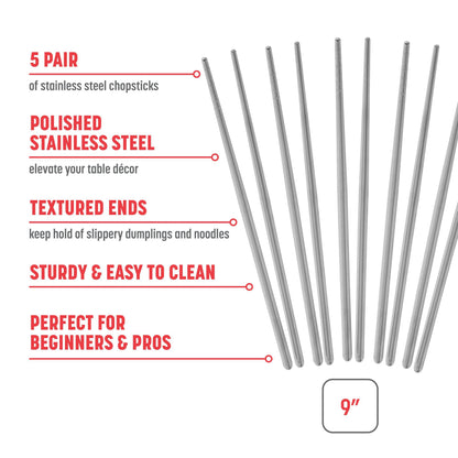 Reusable Stainless Steel Metal Chopsticks Set, 5 Pair Set