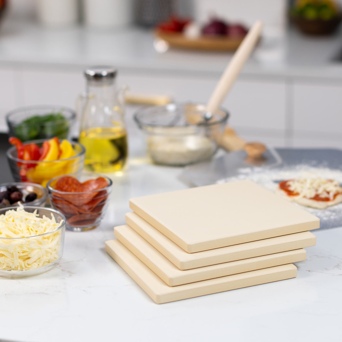 Cordierite Square Pizza Stone 4 Piece Set, 7.5x7.5-Inch, Beige